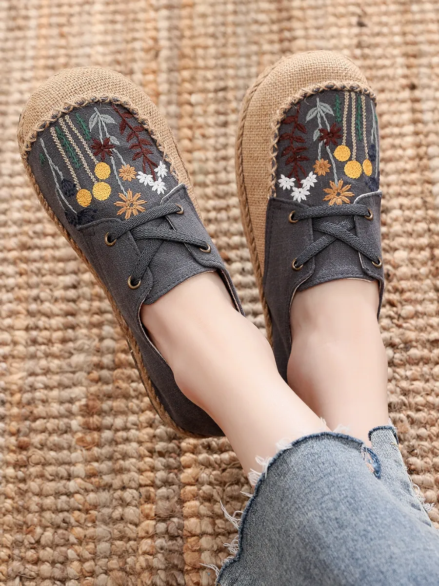 Cactus Rose | Garden Embroidered Linen Boat Shoes Espadrilles - Grey