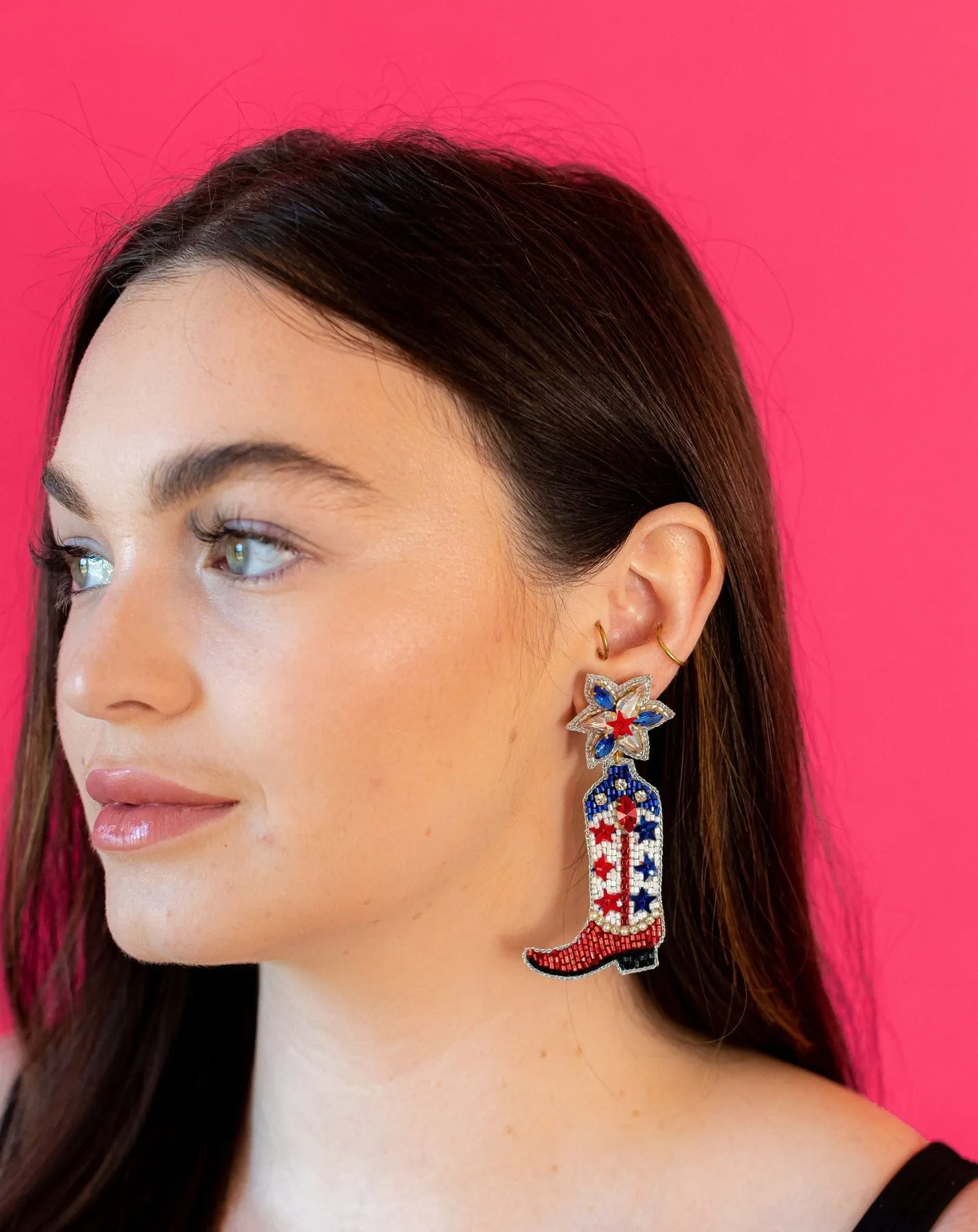 Golden Lily Rhinestone Cowgirl Boots Earrings, Red, White, and Blue