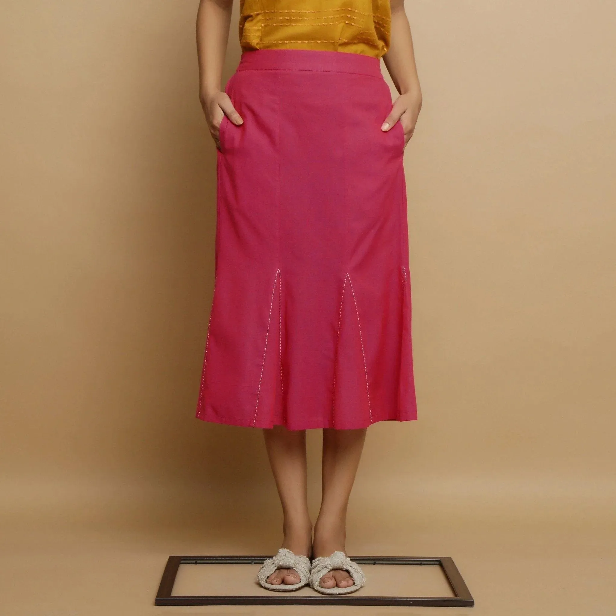 Magenta Mangalgiri Cotton Elasticated Godet Midi Skirt