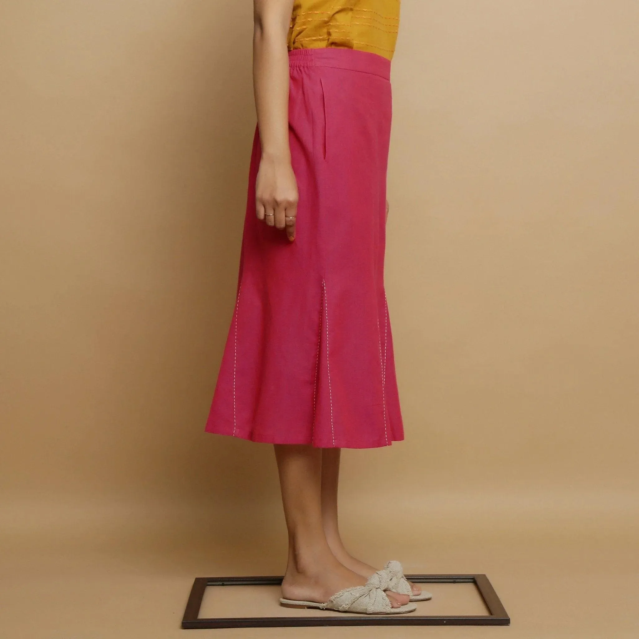 Magenta Mangalgiri Cotton Elasticated Godet Midi Skirt