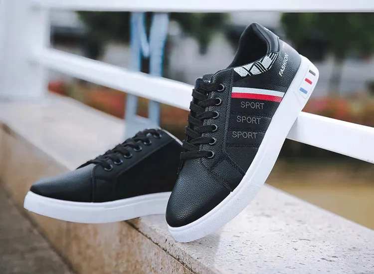 Mens Slip on Sneakers – Lightweight PU Leather Flat White Tenis Shoes