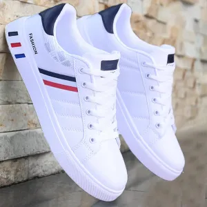 Mens Slip on Sneakers – Lightweight PU Leather Flat White Tenis Shoes