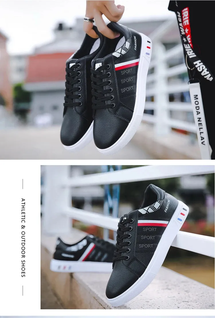 Mens Slip on Sneakers – Lightweight PU Leather Flat White Tenis Shoes