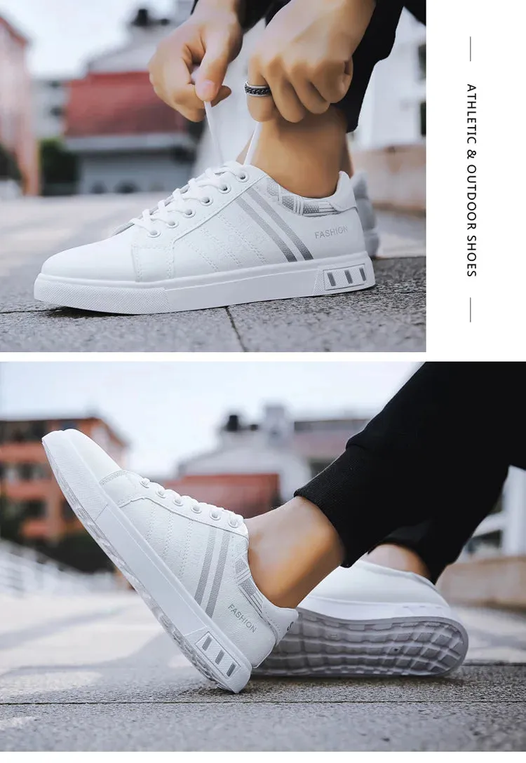 Mens Slip on Sneakers – Lightweight PU Leather Flat White Tenis Shoes