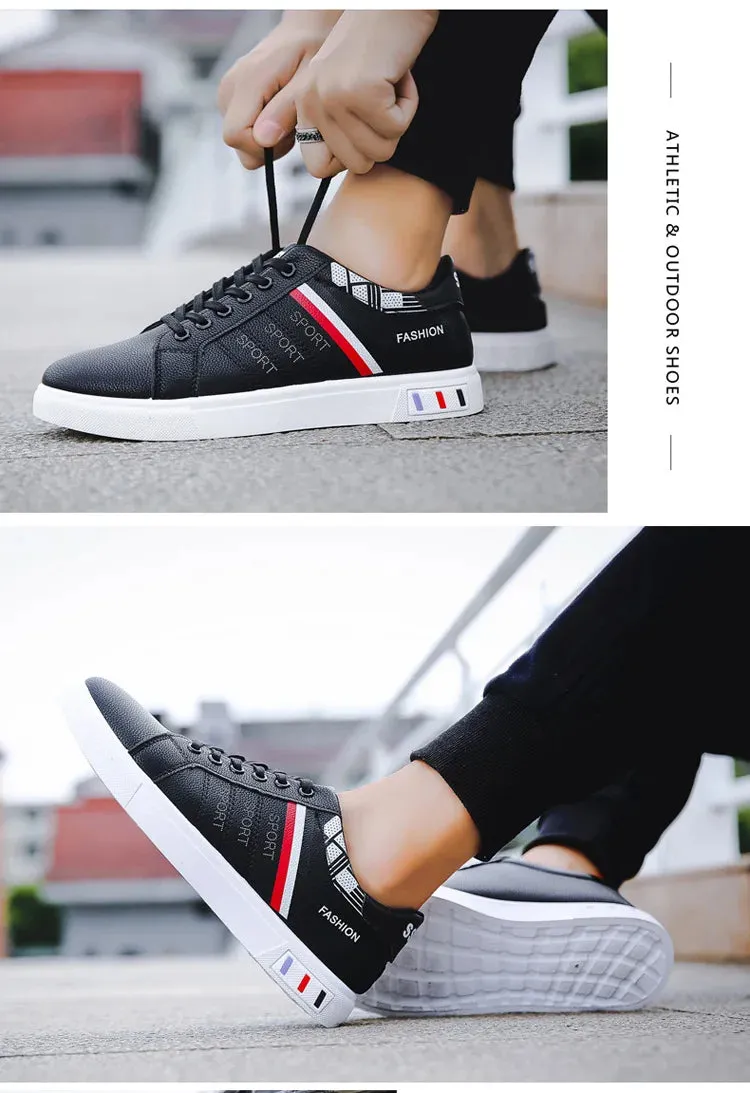 Mens Slip on Sneakers – Lightweight PU Leather Flat White Tenis Shoes