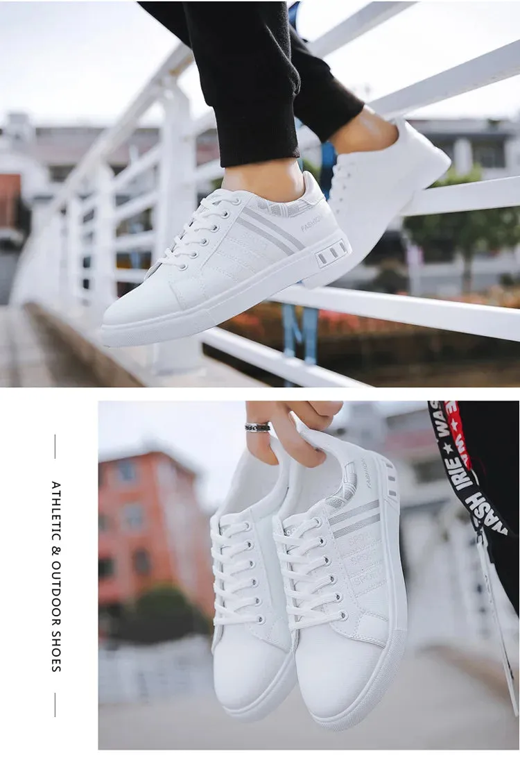 Mens Slip on Sneakers – Lightweight PU Leather Flat White Tenis Shoes