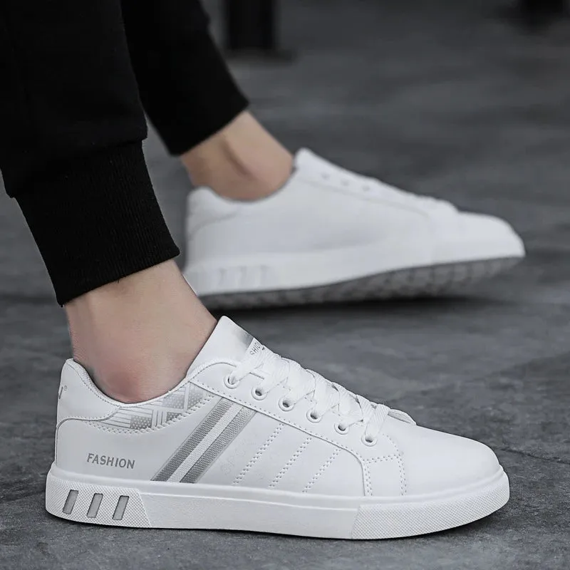 Mens Slip on Sneakers – Lightweight PU Leather Flat White Tenis Shoes