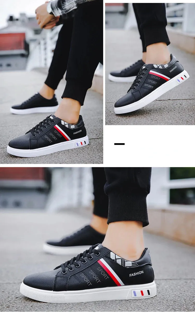 Mens Slip on Sneakers – Lightweight PU Leather Flat White Tenis Shoes