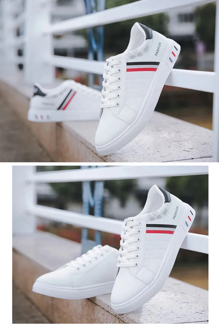 Mens Slip on Sneakers – Lightweight PU Leather Flat White Tenis Shoes