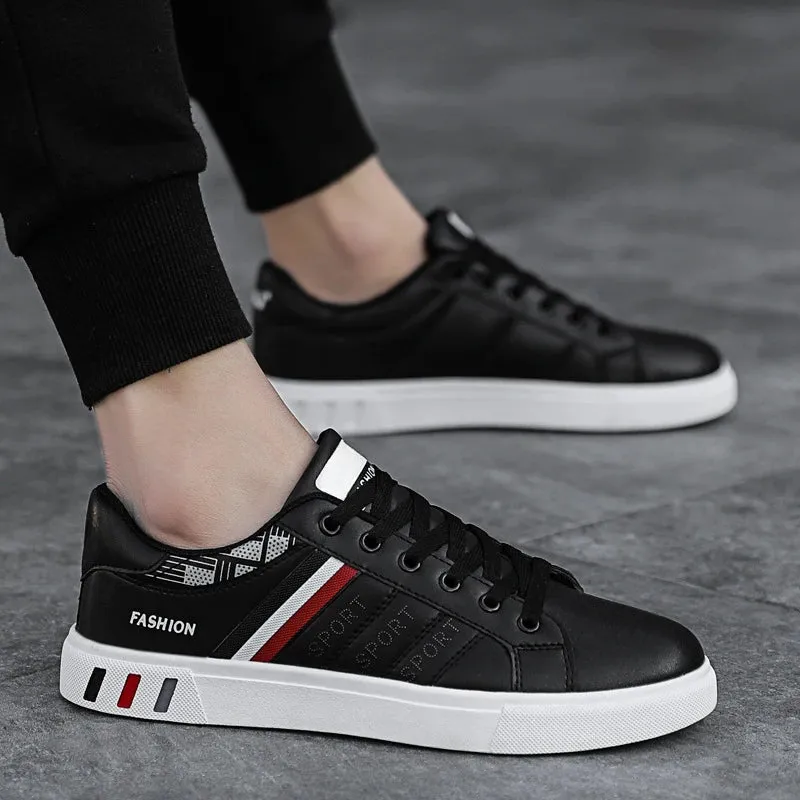 Mens Slip on Sneakers – Lightweight PU Leather Flat White Tenis Shoes