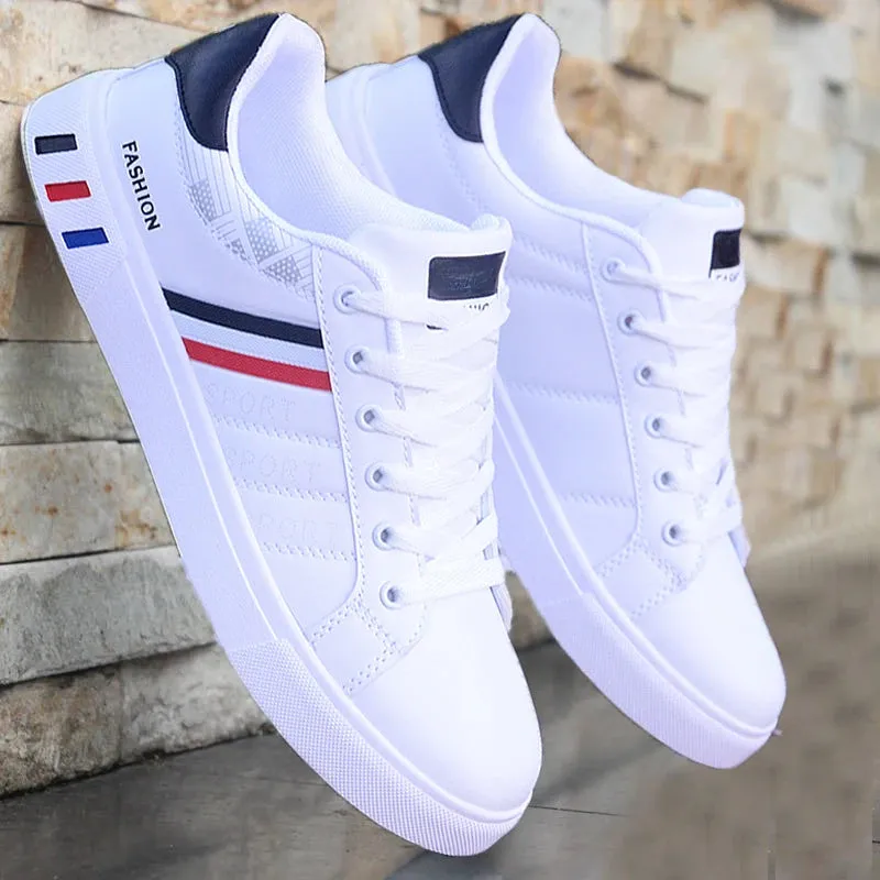 Mens Slip on Sneakers – Lightweight PU Leather Flat White Tenis Shoes