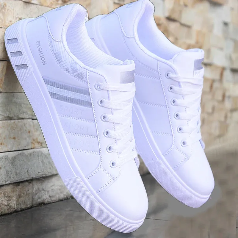 Mens Slip on Sneakers – Lightweight PU Leather Flat White Tenis Shoes