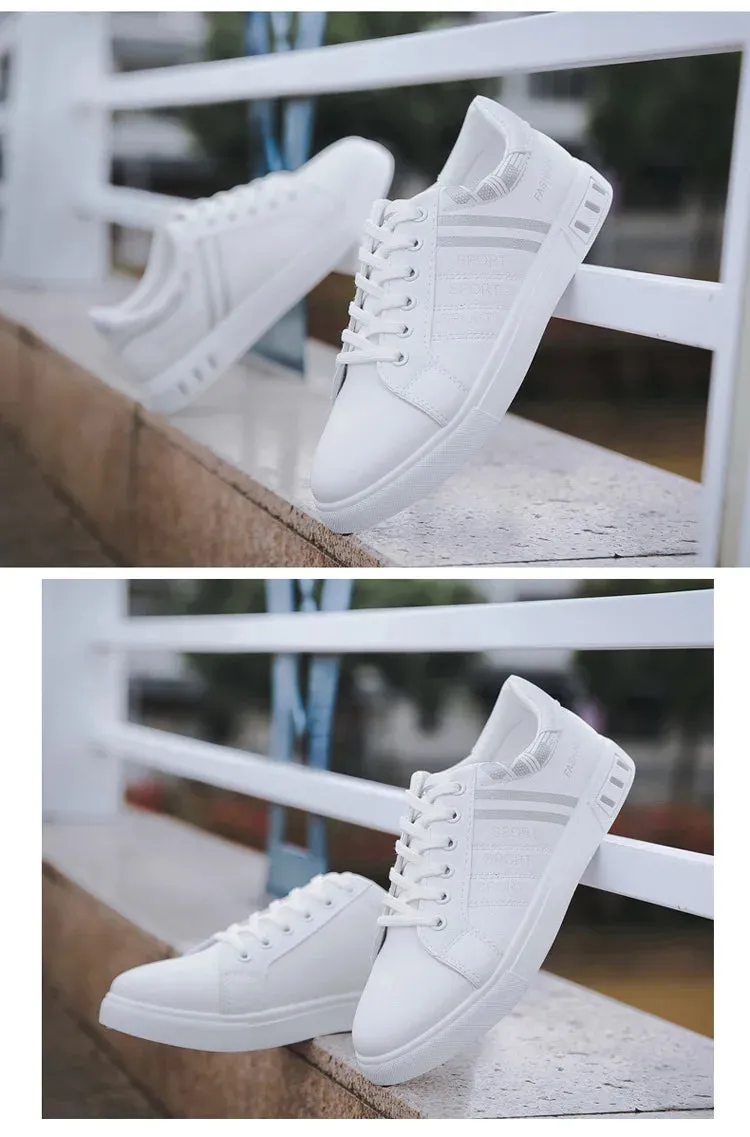 Mens Slip on Sneakers – Lightweight PU Leather Flat White Tenis Shoes