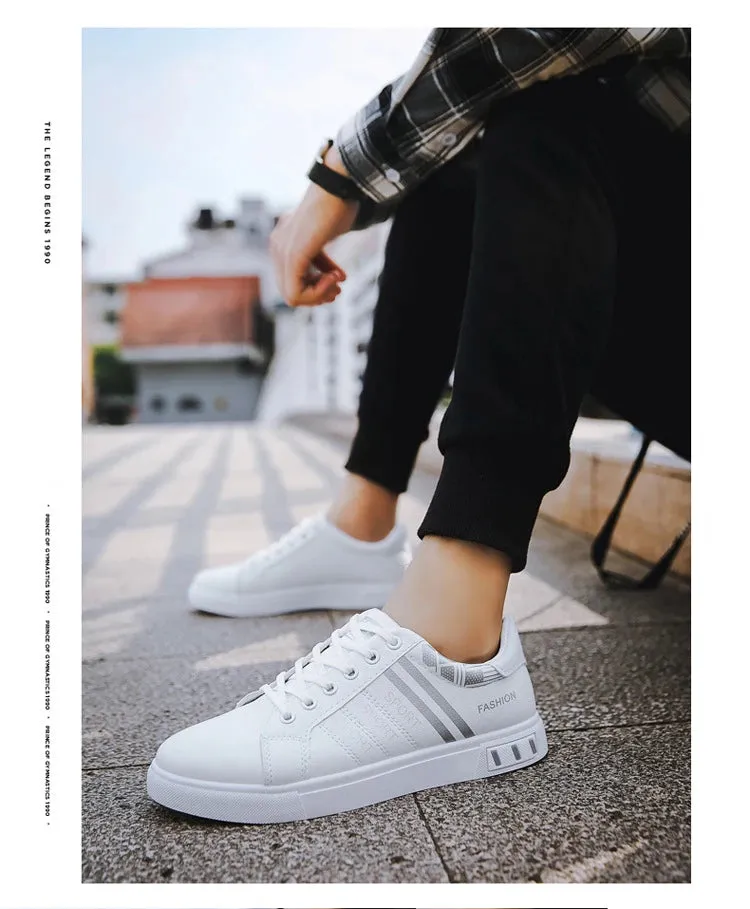 Mens Slip on Sneakers – Lightweight PU Leather Flat White Tenis Shoes