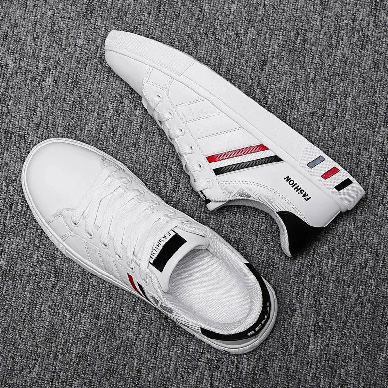 Mens Slip on Sneakers – Lightweight PU Leather Flat White Tenis Shoes