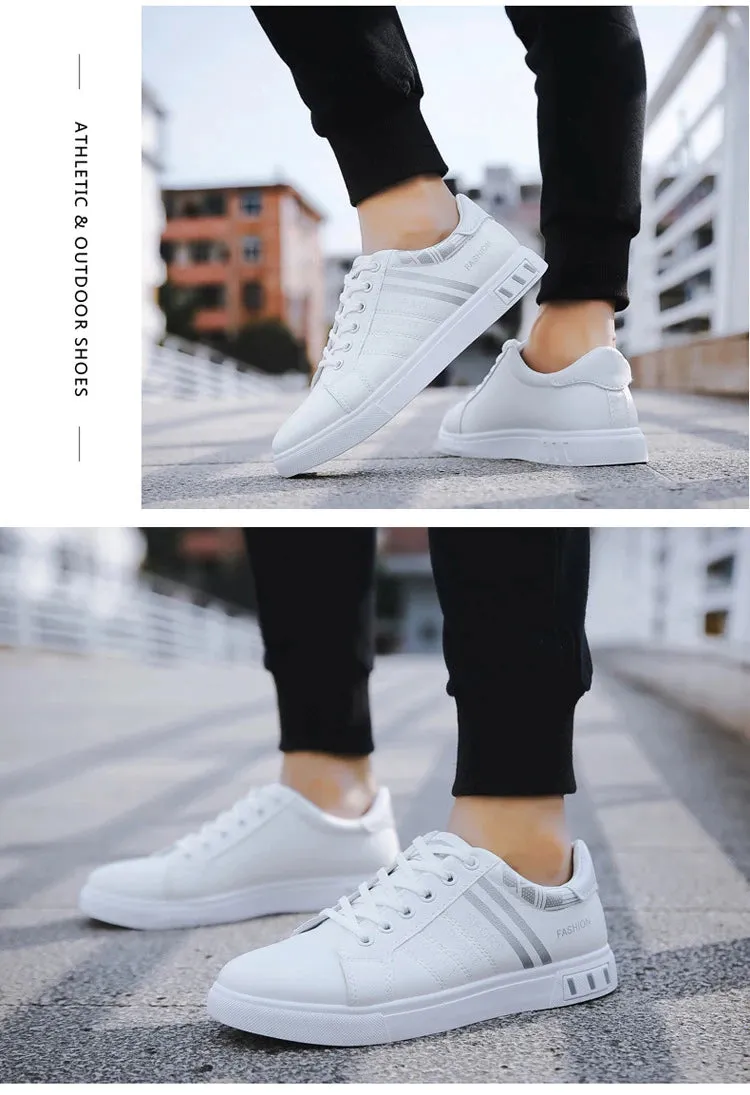 Mens Slip on Sneakers – Lightweight PU Leather Flat White Tenis Shoes