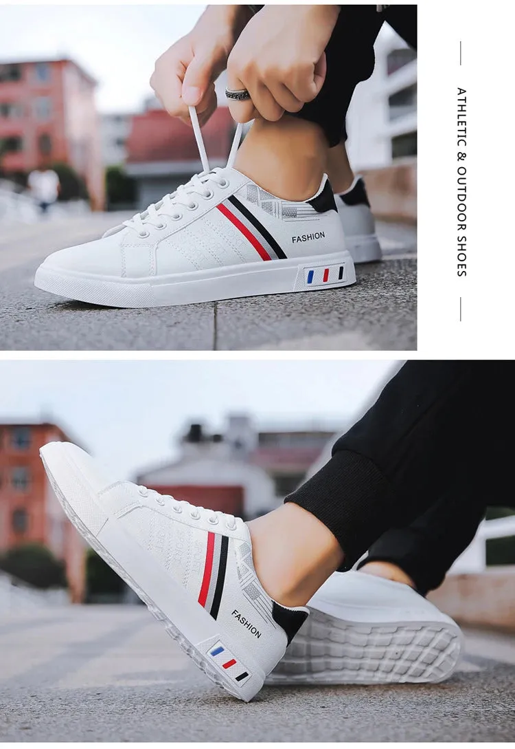 Mens Slip on Sneakers – Lightweight PU Leather Flat White Tenis Shoes