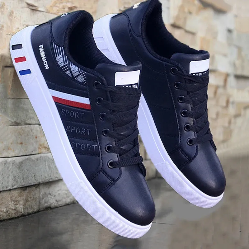 Mens Slip on Sneakers – Lightweight PU Leather Flat White Tenis Shoes