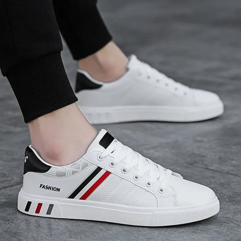 Mens Slip on Sneakers – Lightweight PU Leather Flat White Tenis Shoes