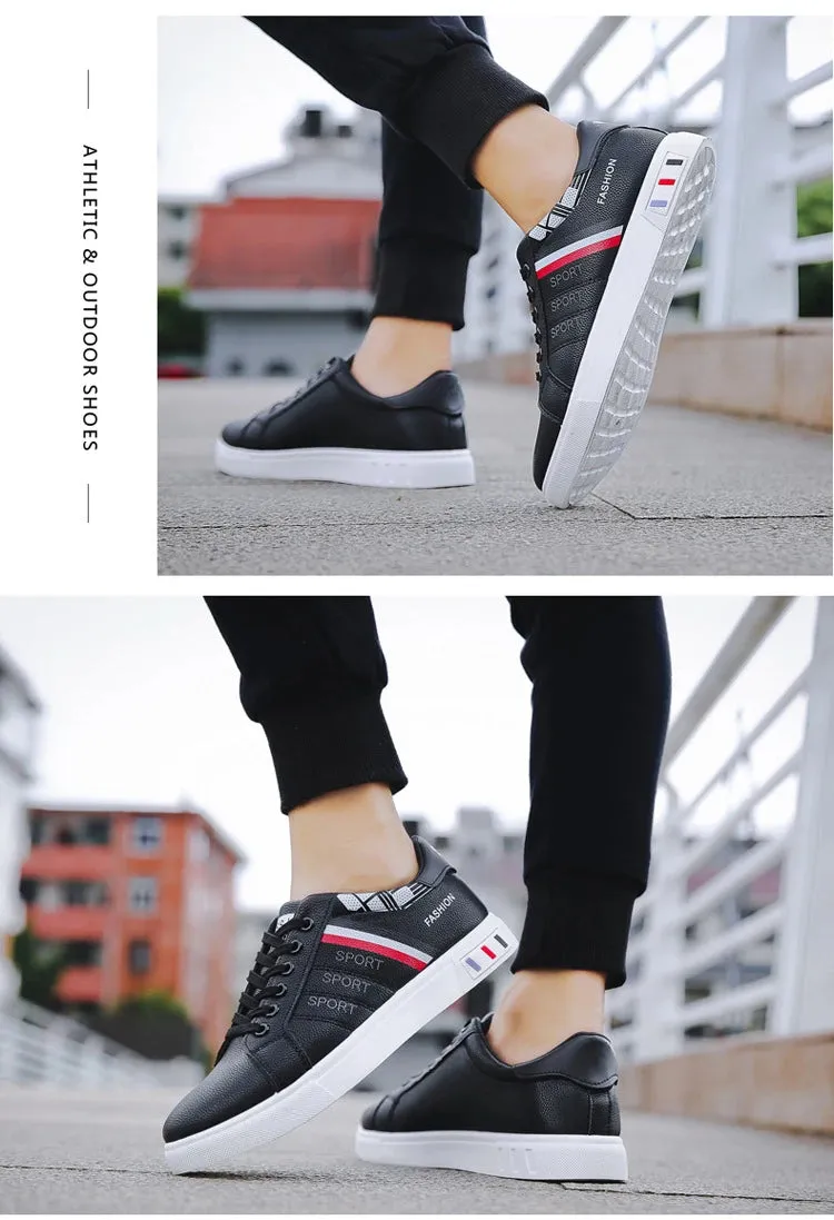 Mens Slip on Sneakers – Lightweight PU Leather Flat White Tenis Shoes