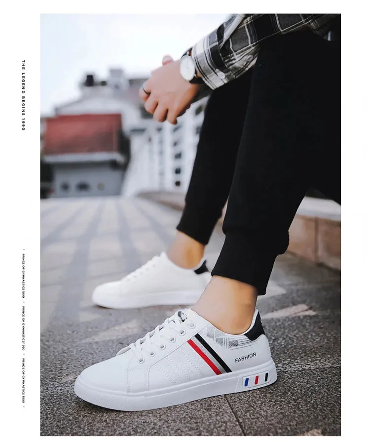 Mens Slip on Sneakers – Lightweight PU Leather Flat White Tenis Shoes