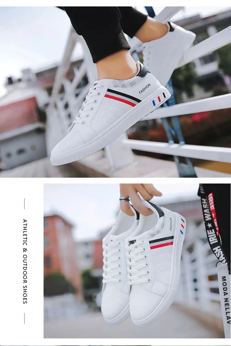 Mens Slip on Sneakers – Lightweight PU Leather Flat White Tenis Shoes