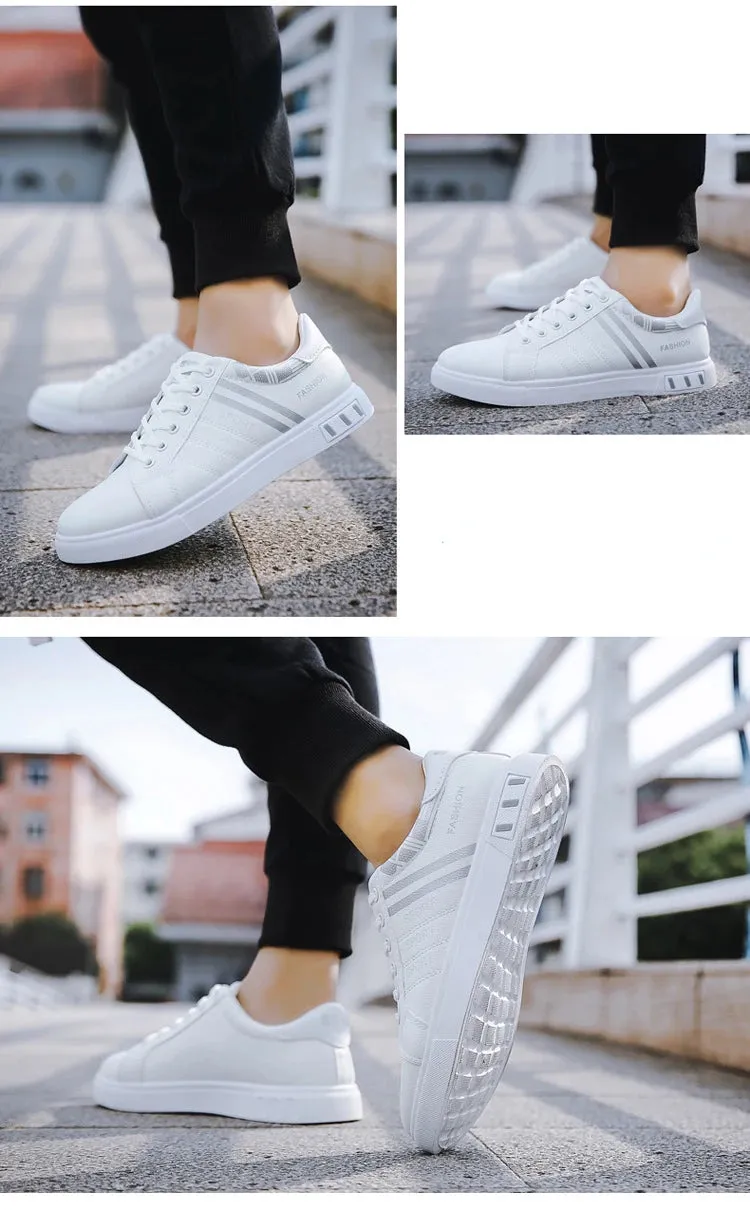 Mens Slip on Sneakers – Lightweight PU Leather Flat White Tenis Shoes