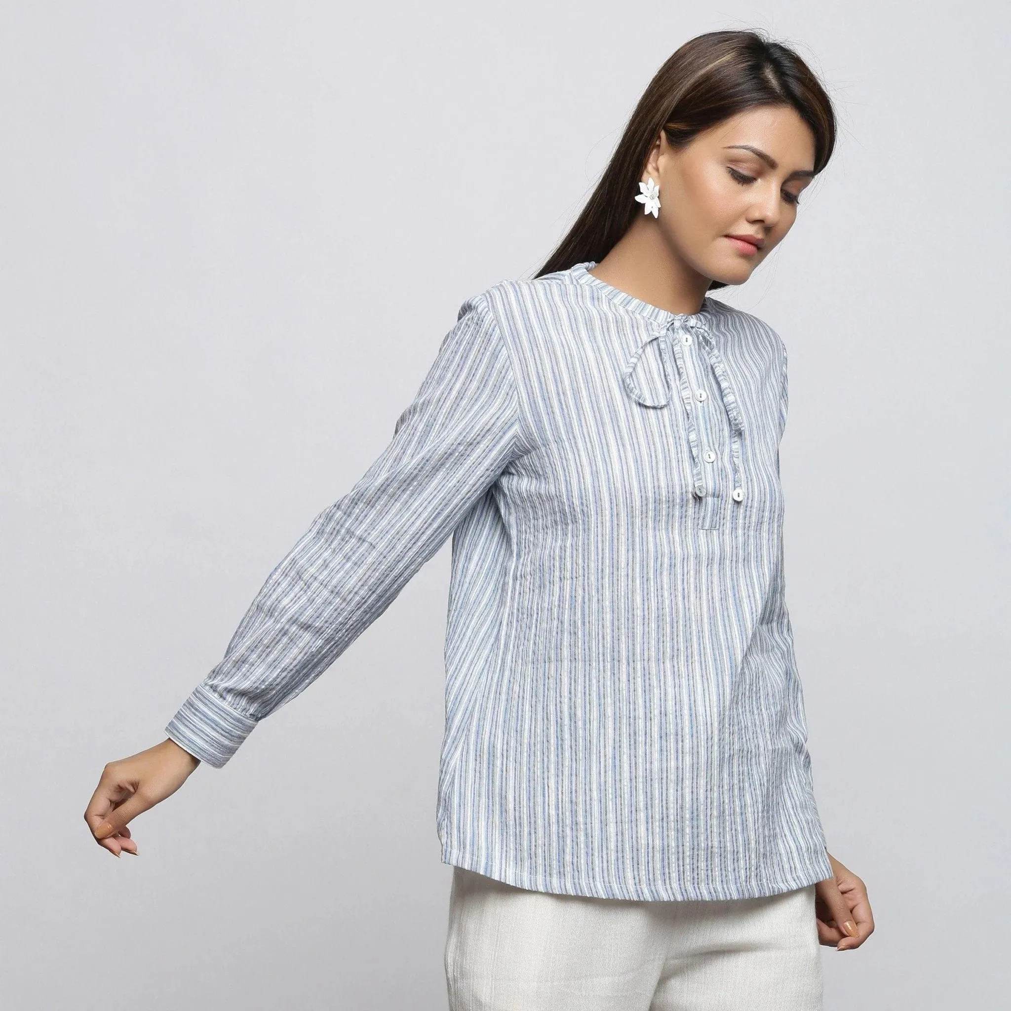 Striped Yarn Dyed Cotton Tie Neck Cuff Sleeve Top