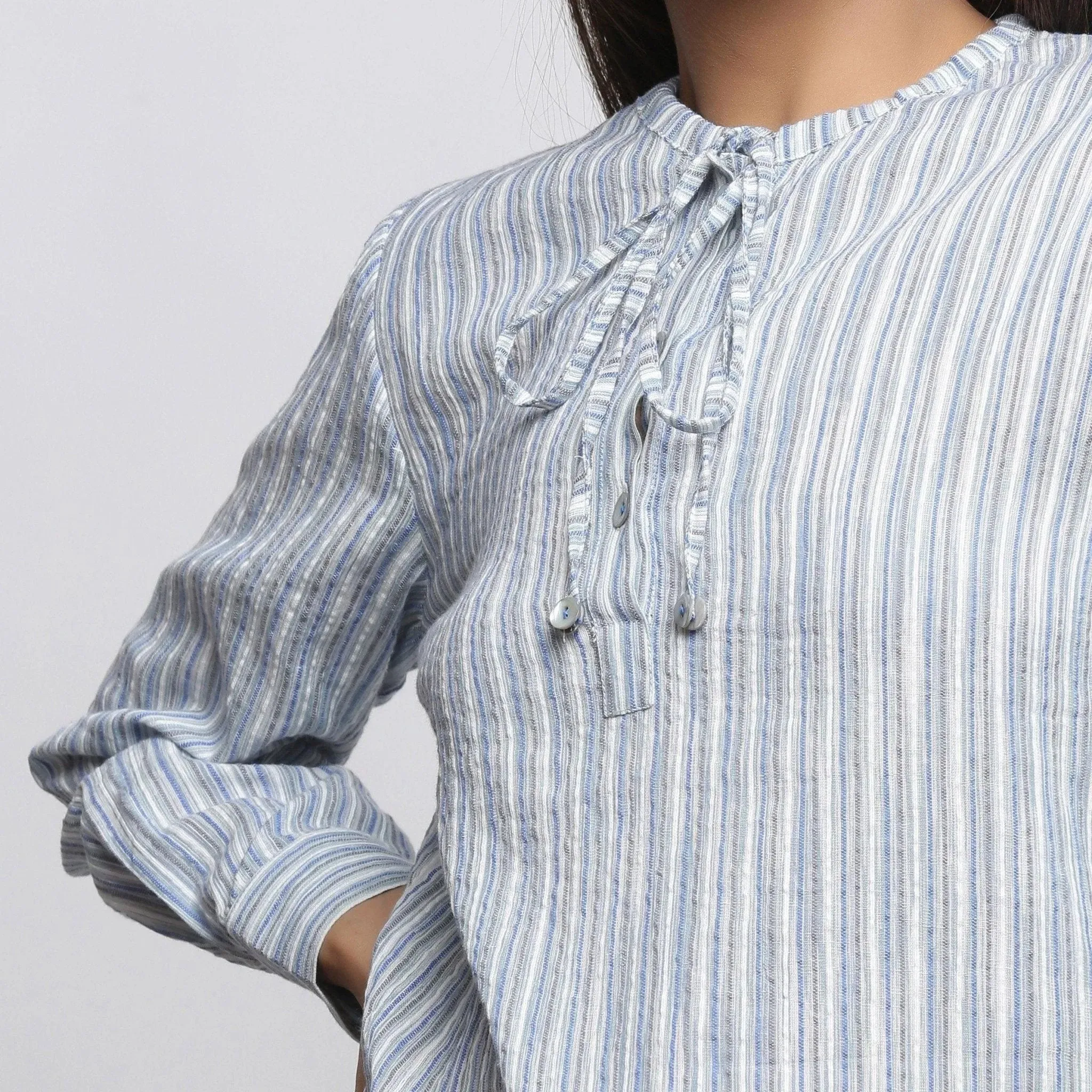Striped Yarn Dyed Cotton Tie Neck Cuff Sleeve Top