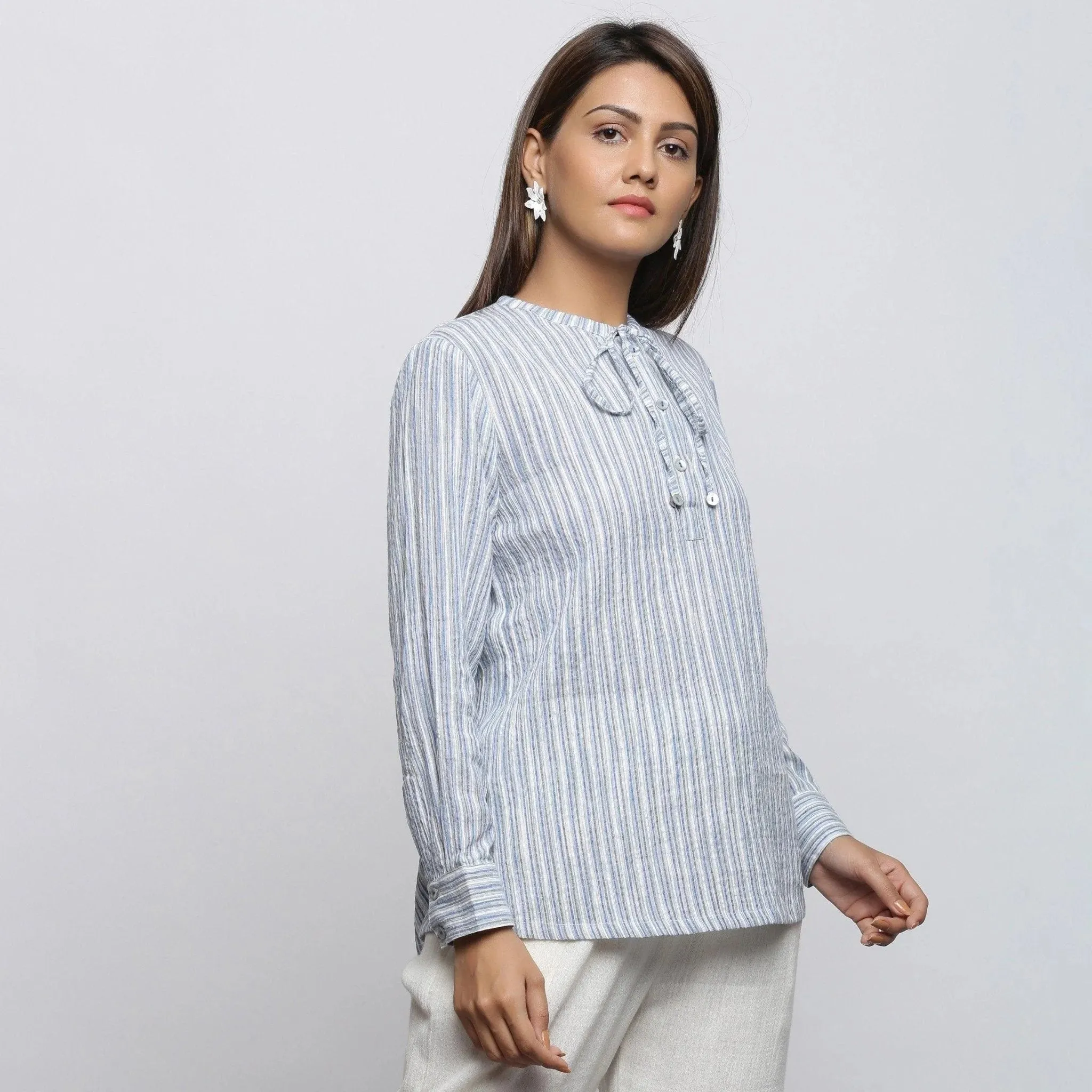 Striped Yarn Dyed Cotton Tie Neck Cuff Sleeve Top