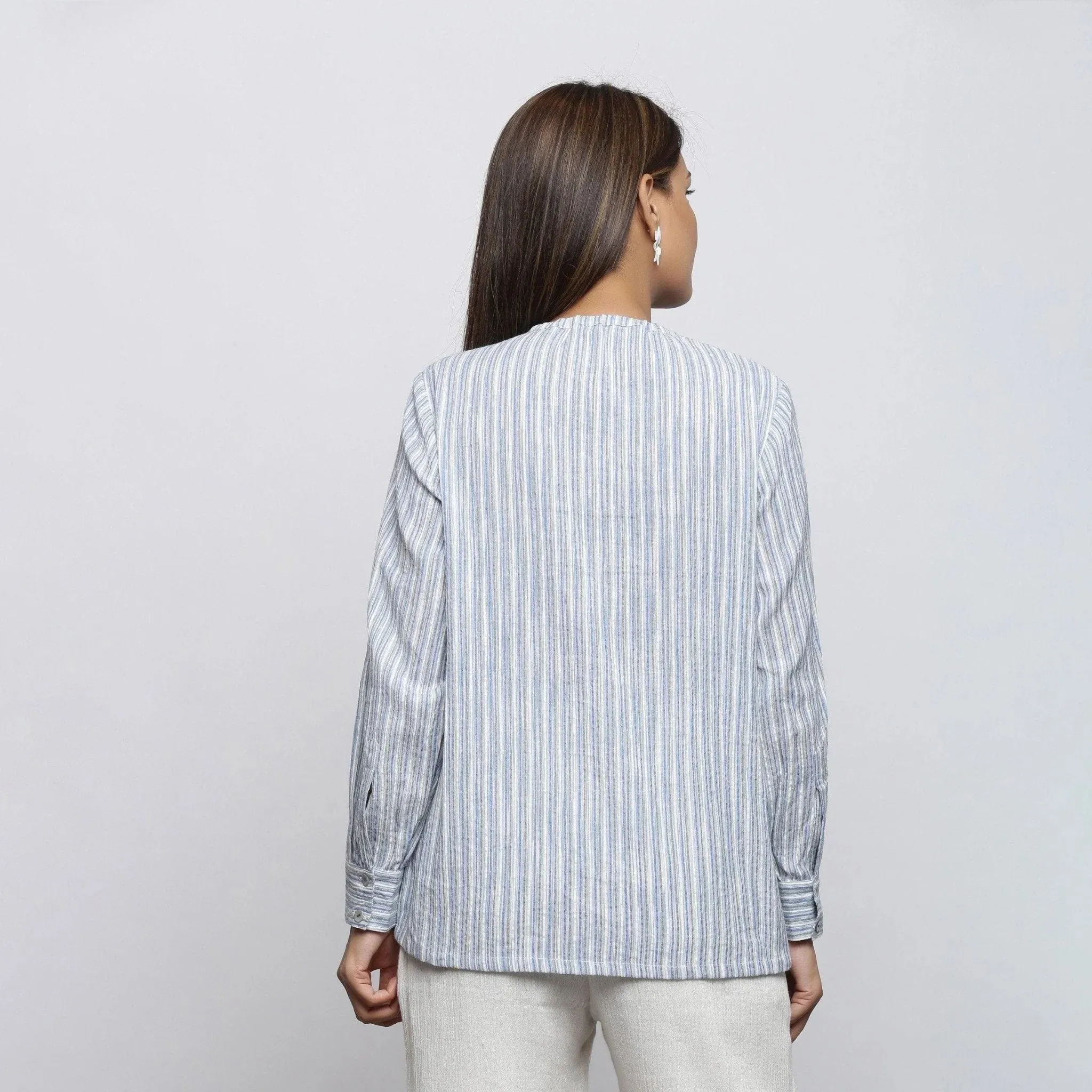 Striped Yarn Dyed Cotton Tie Neck Cuff Sleeve Top