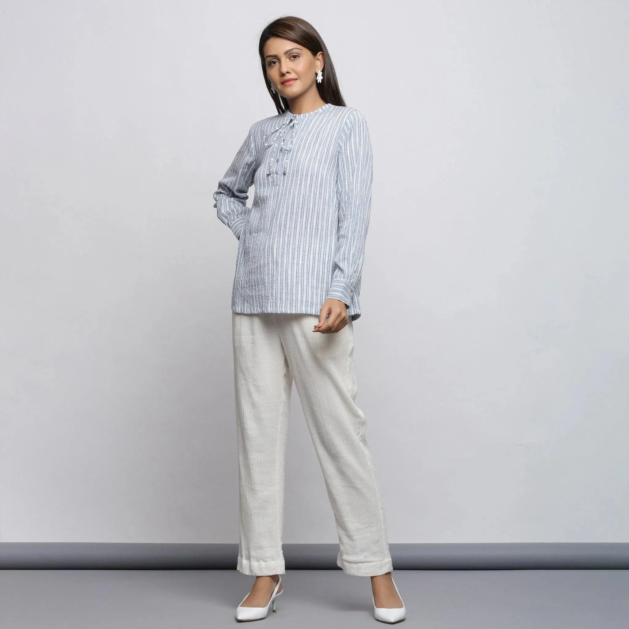 Striped Yarn Dyed Cotton Tie Neck Cuff Sleeve Top